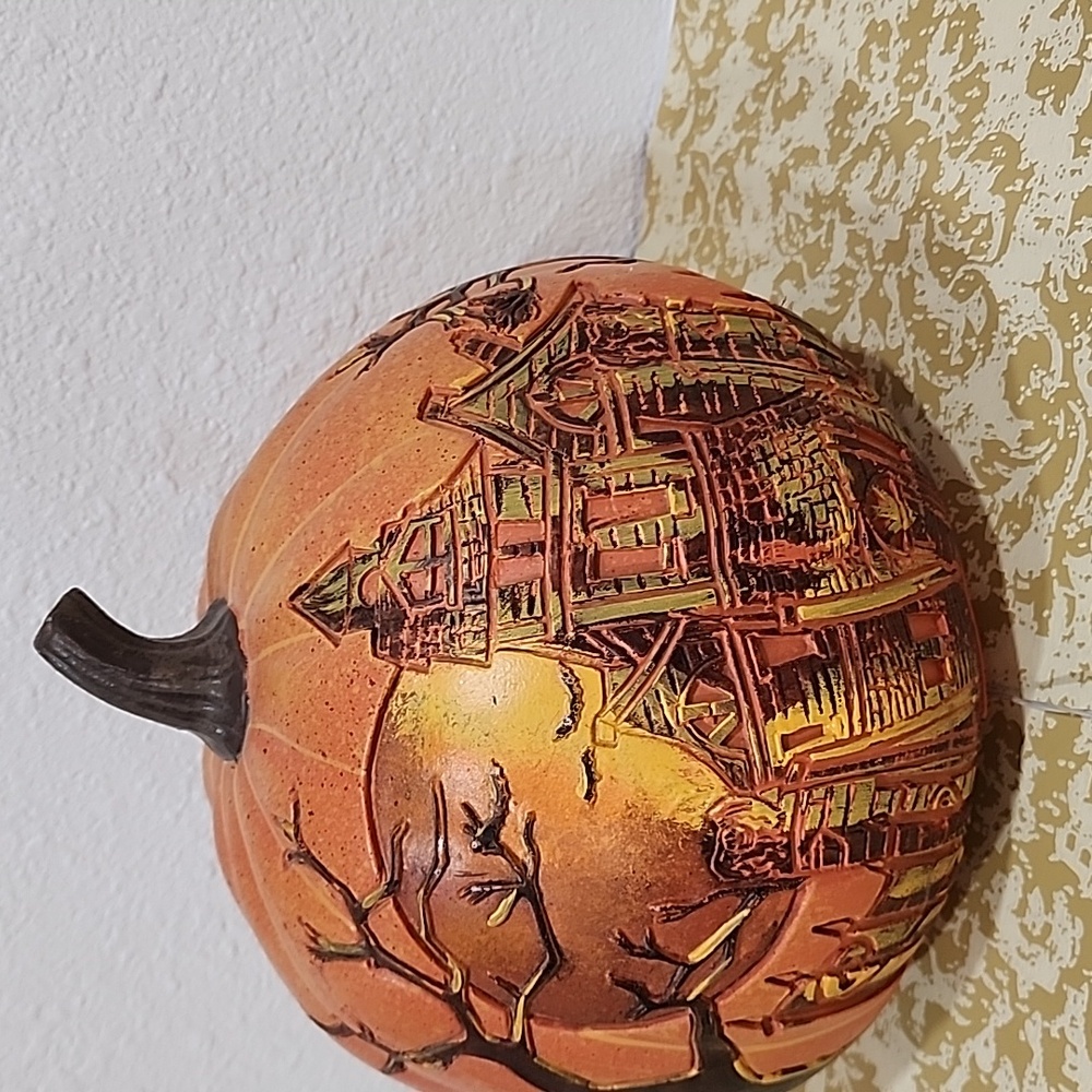 Orange Halloween Pumpkin with Haunted House Design - Picture 5 of 8